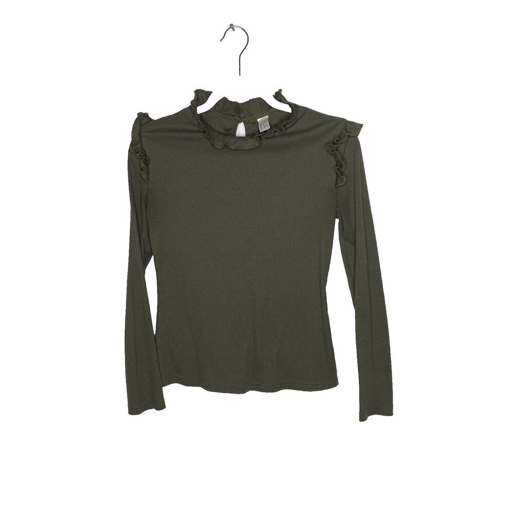 Brown ribbed long sleeve top with ruffle trim and mock neck size small